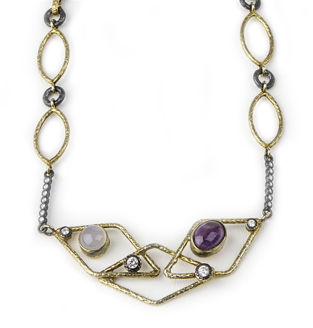 Made in Turkey, by Tekhe Jewelry.Two-tone Gold plated and Black Sterling Silver the front piece holds a Moonstone & Amethyst Gemstone, enhanced with Cubic Zirconia. The side bars are also enhanced with CZ's. Locking Clasp. L 17 1/2". Front Width 1 1/4"