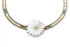 Hand cut Mother of Pearl Flower is the focus of Necklace by Ziio. Accented with Turquoise Beads & White Seed Pearls framed by Murano Glass Beads. Sterling Silver Button Closure, adjustable length 16" to 19". Flower 2"diameter. Hand crafted in Italy