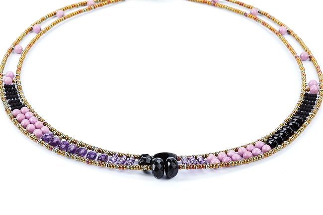 Ziio's thin beaded Giro Necklace in various hues of Violet & Black Gemstones - Amethyst, Violet Zircon, Black Onyx & Phosphosiderite. A great beaded piece to add a subtle touch of color. Hand crafted in Italy on Stainless Steel wire.