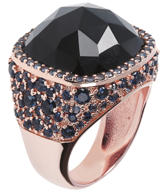 Stunning checkerboard Black Onyx Gemstone Ring by Bronzallure. The faceted Gemstone is framed by a pave of Blue Cubic Zirconia. The Band is inlaid with Black Onyx & Blue CZ.  Made in Italy, finished in a Golden Rose' 18k plating. Size 7
7/8" Square