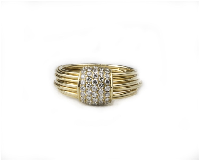 A wonderful Pave, White Diamond Ring in 18k Yellow Gold. 0.57ctw Diamonds. The band is solid, but made to look like muti-bands. This is a ring that is sure to get attention, yet can be worn everyday. Diamond setting area 3/8" square. Size 7.