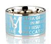 The Animae collection by Tuum is the Sterling Silver rhodium plated version of their ring creations. This is the "Mater" with the Ave Maria (Hail Mary) Latin text written in over four lines. Crafted in 925 Sterling with an overlay of Blue Enamel