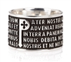 Ring features the "Pater Noster" (Lords Prayer) latin text in relief. The design is unique in that the five lines of the text frame the iconic "P". in 925 Burnished sterling silver. made in Italy by Tuum