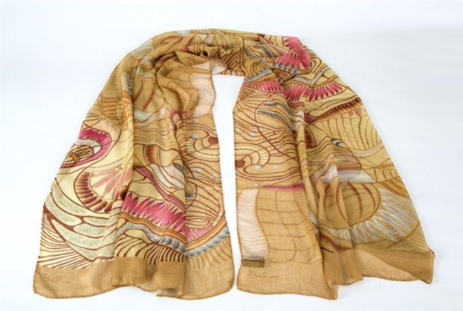 Ziio's Beige Jungle Print Shawl in a blend of 90% Modal & 10% Cashmere. A beautiful pattern in Beige, Tan, Pink and Cream with shades of Blue. Very light in weight. Made in Italy with a hand rolled finished edge. L 82" X W 27"