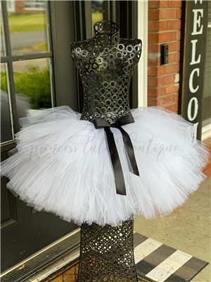 white dual length tutu with black satin bow