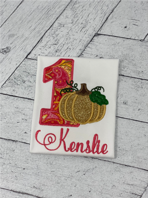 Paisley applique number birthday shirt with gold glitter pumpkin
