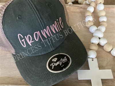 Grammie embroidered olive/tea pony tail hat with pink font