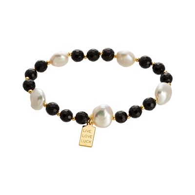 Black Agate & Freshwater Pearl Stretch Bracelet