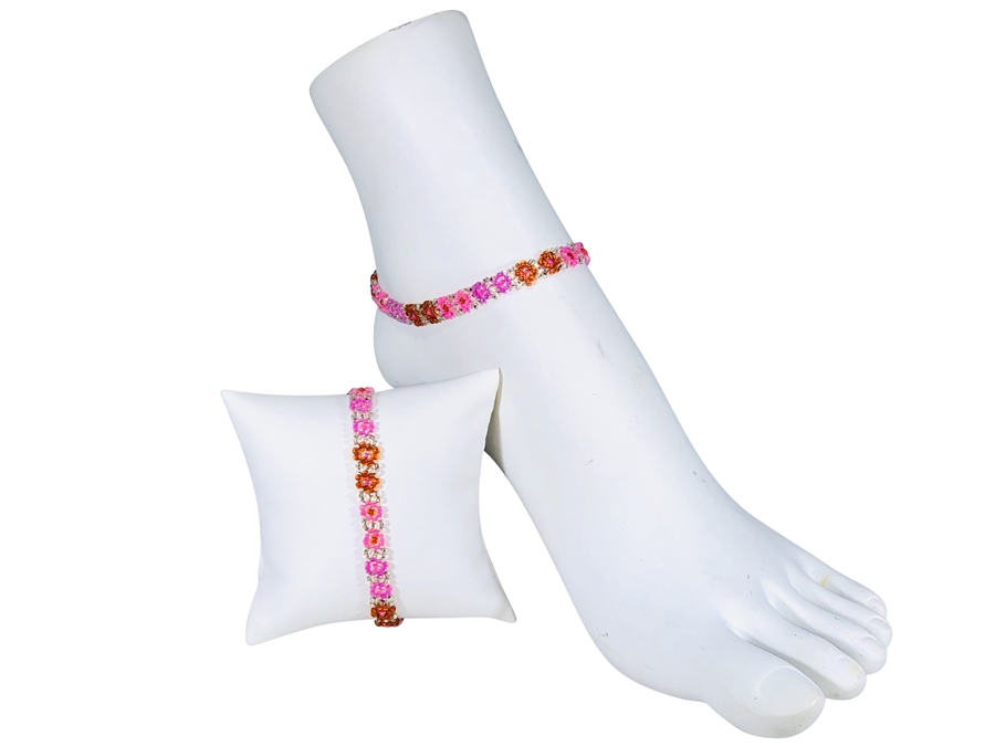 Anklet - Flower Chain Orange/Pink/Silver