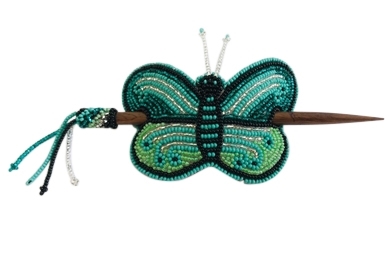 Barrette-Butterfly w/ wood rod Emerald Seafoam Black Silver