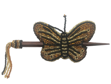 Barrette-Butterfly w/ wood rod Gold Black