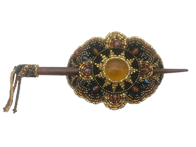 Barrette Crystal Oval w/ wooden rod in Gold, Amber & Black