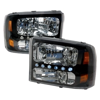 1999 - 2004 Ford Super Duty 1PC Crystal DRL Headlights - Black