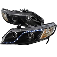 2006 - 2011 Honda Civic 4Dr Projector DRL Headlights - Black