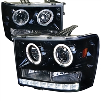 2007 - 2014 GMC Sierra HD Projector DRL LED Halo Headlights - Black/Smoke