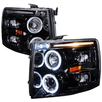 2007 - 2013 Chevy Silverado Projector LED Halo Headlights - Black/Smoke