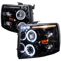 2007 - 2014 Chevy Silverado HD Projector LED Halo Headlights - Black/Smoke