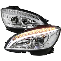 2008 - 2011 Mercedes C-Class Projector Light Bar DRL Headlights - Chrome