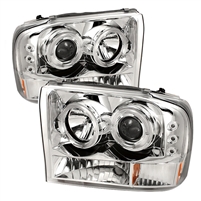 1999 - 2004 Ford Super Duty 1PC Projector LED Halo Headlights - Chrome