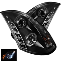 2003 - 2007 Infiniti G35 Coupe Projector DRL LED Halo Headlights - Black