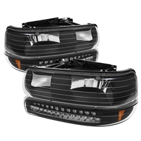 2001 - 2002 Chevy Silverado 3500 Crystal Headlights + LED Bumper Lights - Black