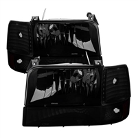 1992 - 1996 Ford Bronco Crystal Headlights + Corner + Bumper Lights (6PC Set) - Black/Smoke