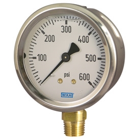 WIKA 9767096 Pressure Gauge, Type 212.53, 2.5" Dial, Copper Alloy Wetted Parts, Glycerine Filled Stainless Steel Case, 0 to 300 PSIG Range, 1/4" MNPT Lower Connection