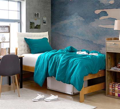 Stylish Ocean Depths Teal College Duvet Cover and Dorm Bedding Insert High Quality Natural Loft Twin XL Bedding Set