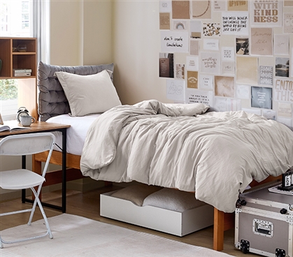 Machine Washable College Bedding Set White Dorm Comforter Insert with Neutral Twin XL Duvet Cover in Stone Taupe