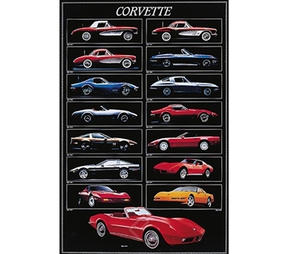 Corvette Chart Poster vehicle-inspired poster showing 15 different shiny corvettes makes cool dorm decor