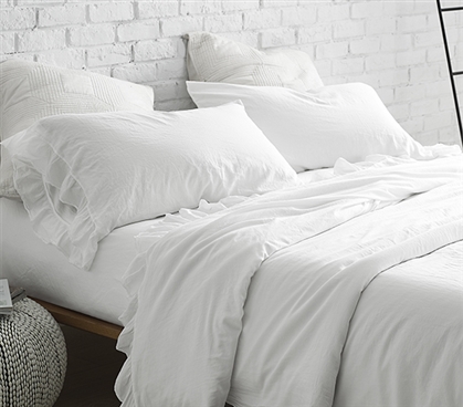 Soft Stone Washed Cotton Sateen 300TC Dorm Sheet Set White Violeta Folho Portugal Made Twin XL Luxury Bedding