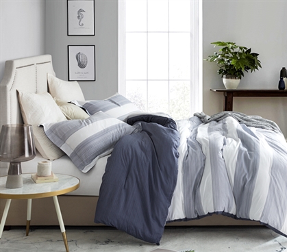 Stylish Designer College Comforter Set Blue Karst Stripes Super Soft Cotton Dorm Bedding Essentials