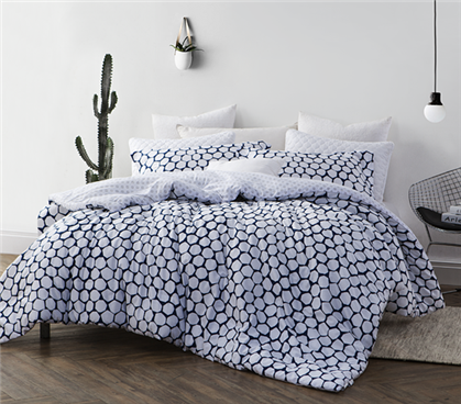 Designer College Comforter - Navy and White Dorm Bedding Extra Long Twin