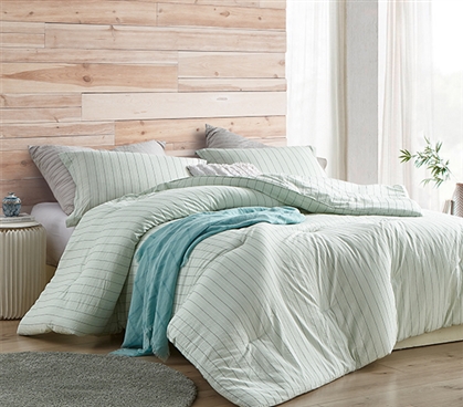 Soft Cotton Extra Long Twin Comforter Serenity Mint Green Designer College Bedding with Black and White Stripe Design