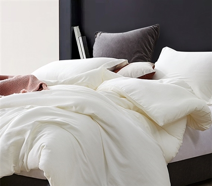 Oversized College Comforter with Matching Standard Dorm Sham Dove White Stripe Soft Cotton Twin XL Bedding