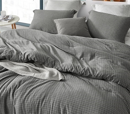 Machine Washable Dorm Bedding with Designer Grid Pattern River Stone Gray Twin Extra Long Comforter