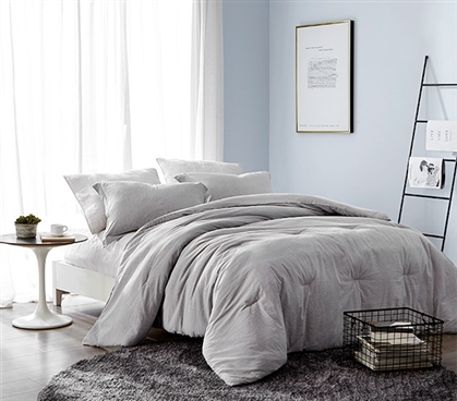 Designer Dorm Bedding Set Standard College Pillow Sham and Extra Long Twin Comforter Macha Dark Gray Yarn Dyed Stripes