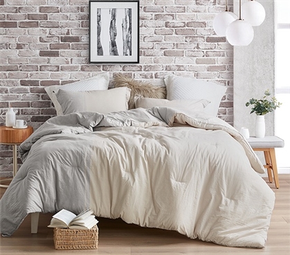 Extra Long Twin Comforter Set for Dorm Room Half Moon Designer Gray and Cream College Bedding Essentials