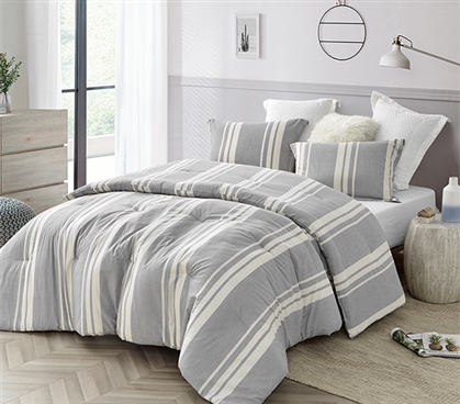 Modern Designer Dorm Bedding Set Neutral Cirbus Gray Oversized College Comforter with Striped Design