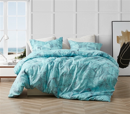 Stylish Tribeca Steel Gray and Aqua Blue Brucht Designer Dorm Bedding with Unique Geometric Design