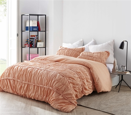 Ruffled Torrent Twin Extra Long Comforter High Quality Hand Crafted Dorm Bedding Apricot Nectar Color