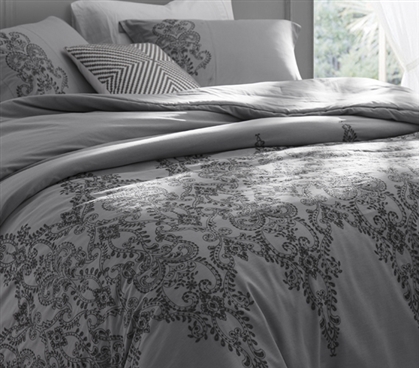 Beautiful Twin Extra Long Duvet Cover Styled Baroque Stitch Intricate College Bedding Alloy Gray and Pewter Embroidery