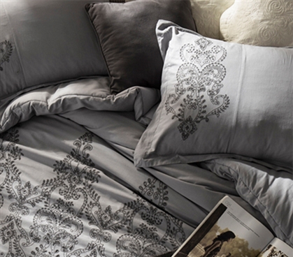 Embroidered Standard Size Dorm Pillow Sham Alloy/Pewter Gray Baroque Stitch Style Bedding