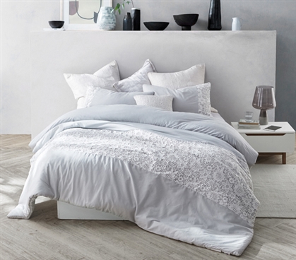 Easy to Match College Dorm Decor Ideas Neutral Gray and White Oversized College Comforter with Pretty Lace Pattern