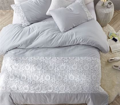 Essential Dorm Duvet Cover for Oversized College Comforter Light Gray Twin XL Bedding with Beautiful White Lace Details