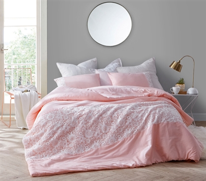 Beautiful College Dorm Bedding Decor Rose Quartz Pink Twin XL Comforter with White Lace Details