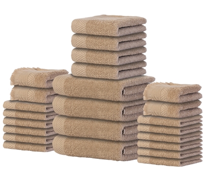 Complete College Towel Set - 24 Piece 100% Cotton - Taupe