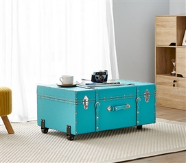 Cute Dorm Room Decor Blue Storage Trunk with Wheels and Lock College Footlocker Chest