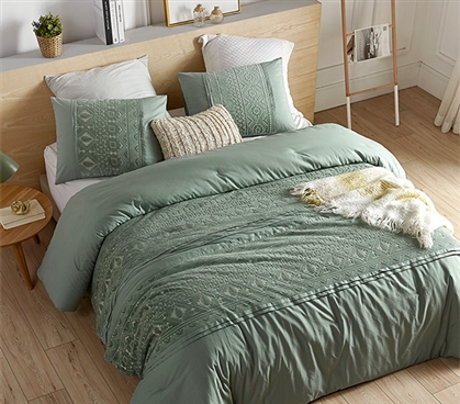 Glam Dorm Bedding Green Twin Extra Long Comforter Set with Matching Green Dorm Pillow Shams