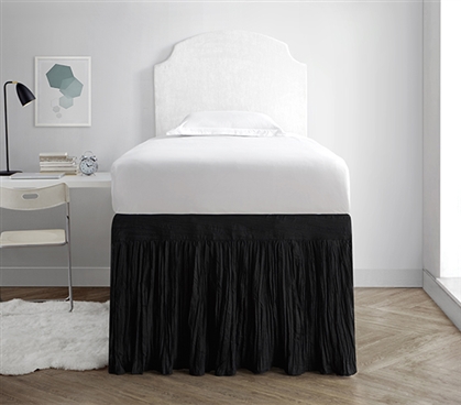 Black Extra Long Twin Bedding Dorm Sized Bed Skirt Panel with Ties Stylish Crinkle Design